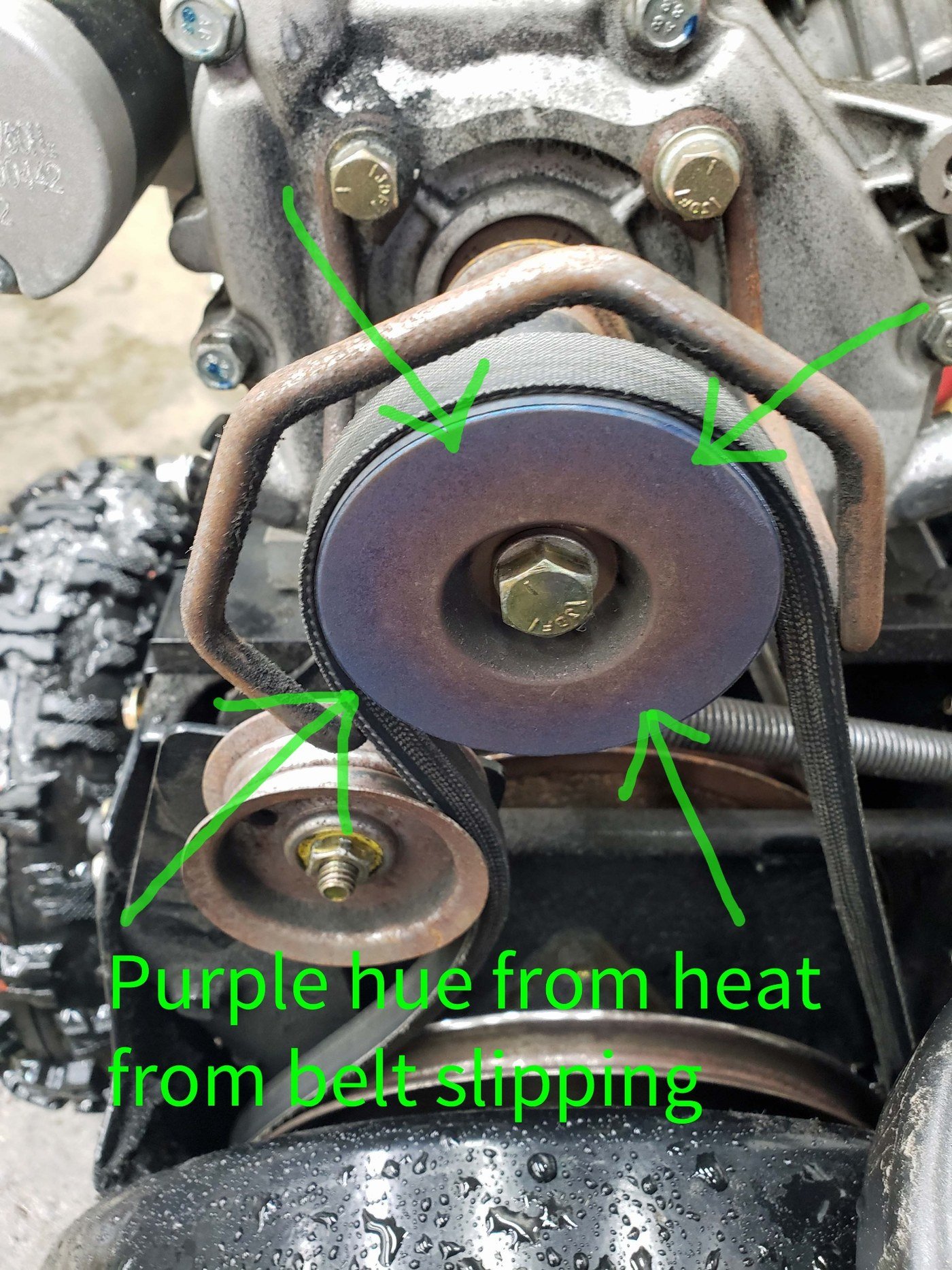 Heat-damaged pulley caused by belt slipping